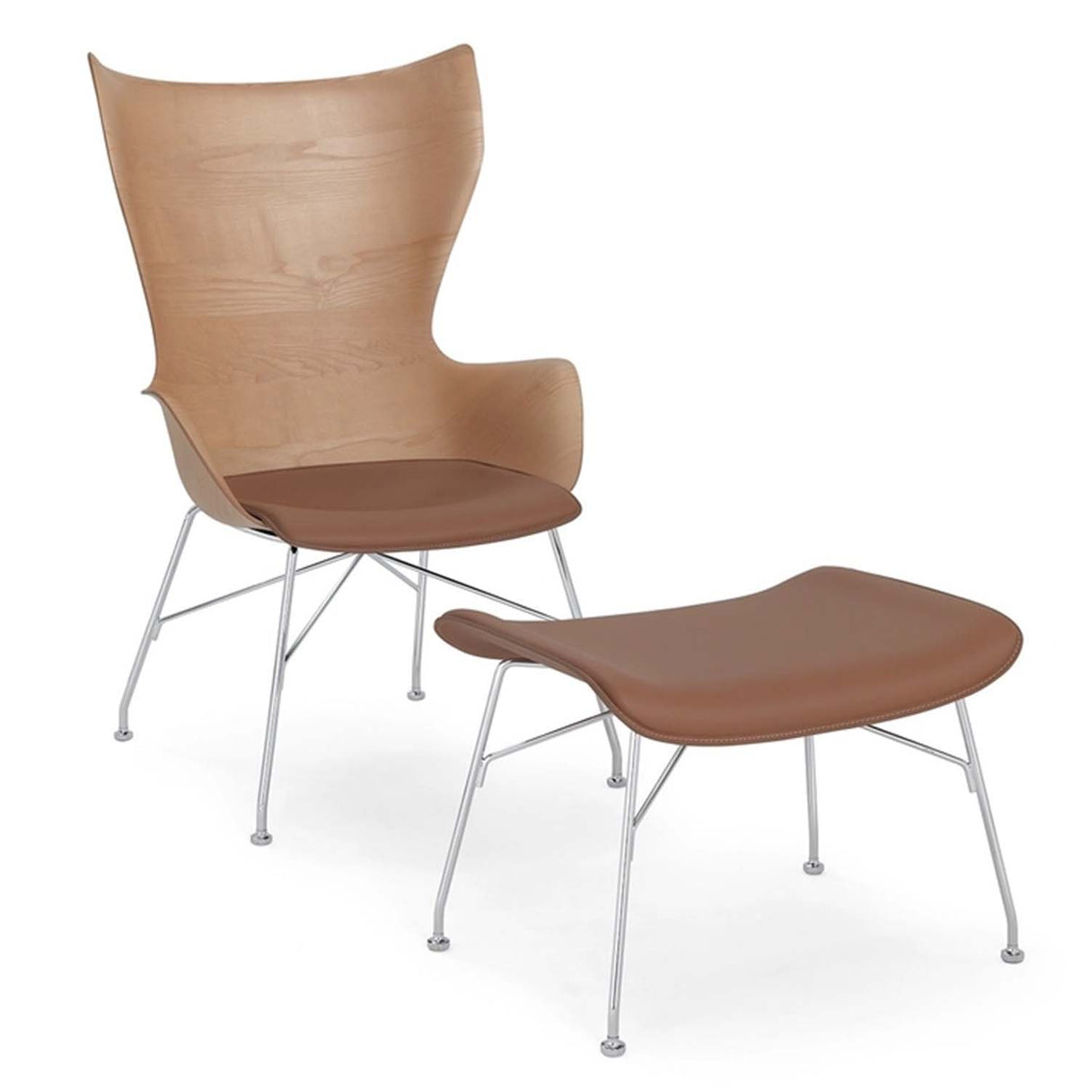 Kartell "K-Wood" lenestol med skammel i 3D finér og lær i sete. Utstillingsmodell. Må hentes / bringes i Trondheim.