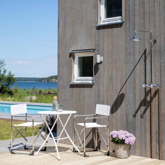 Fiam Regista utestoler. Beige texfil med aluminium ramme. Sammenleggbar. Bestillingsvare.