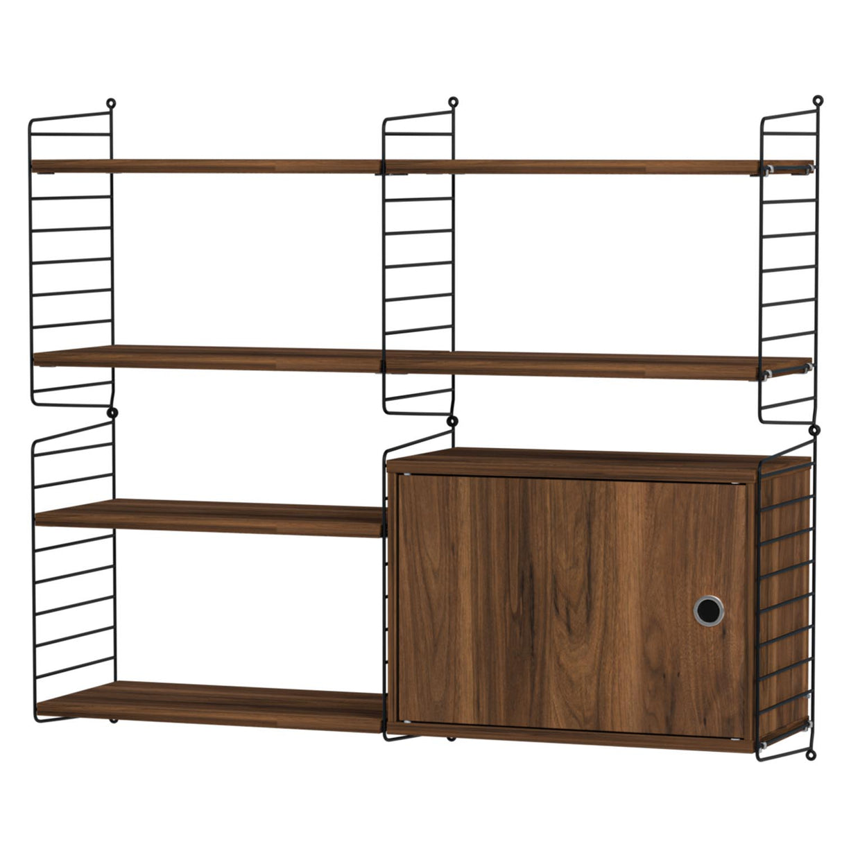 String vegghylle 120 cm bredde, 100 cm høyde. Hyller og skap i bredde 60 cm, dybde 30 cm. Flere fargevarianter. Bestillingsvare.