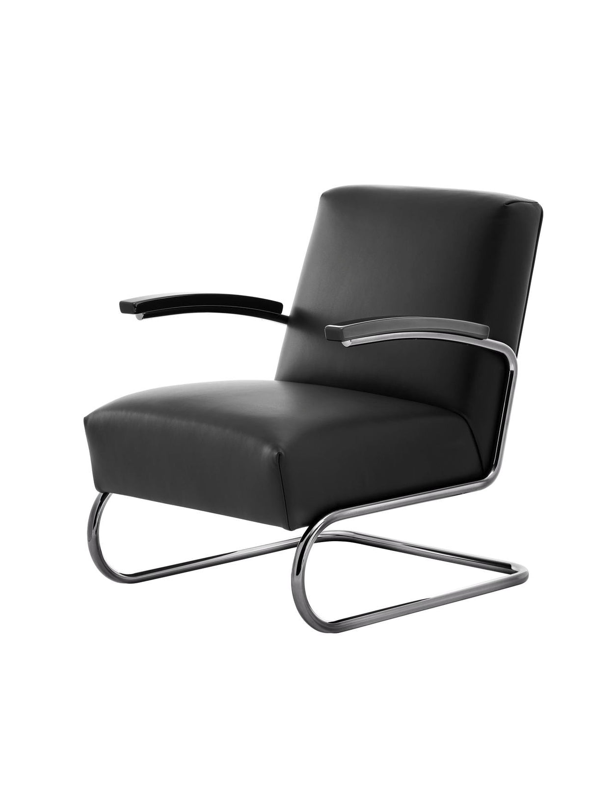 Thonet S 411 lenestol – JS . THONET (Jil Sander) – S 411 SERIOUS 01 – skinn graphite black, armlener i bøk i høyglans, blank titan