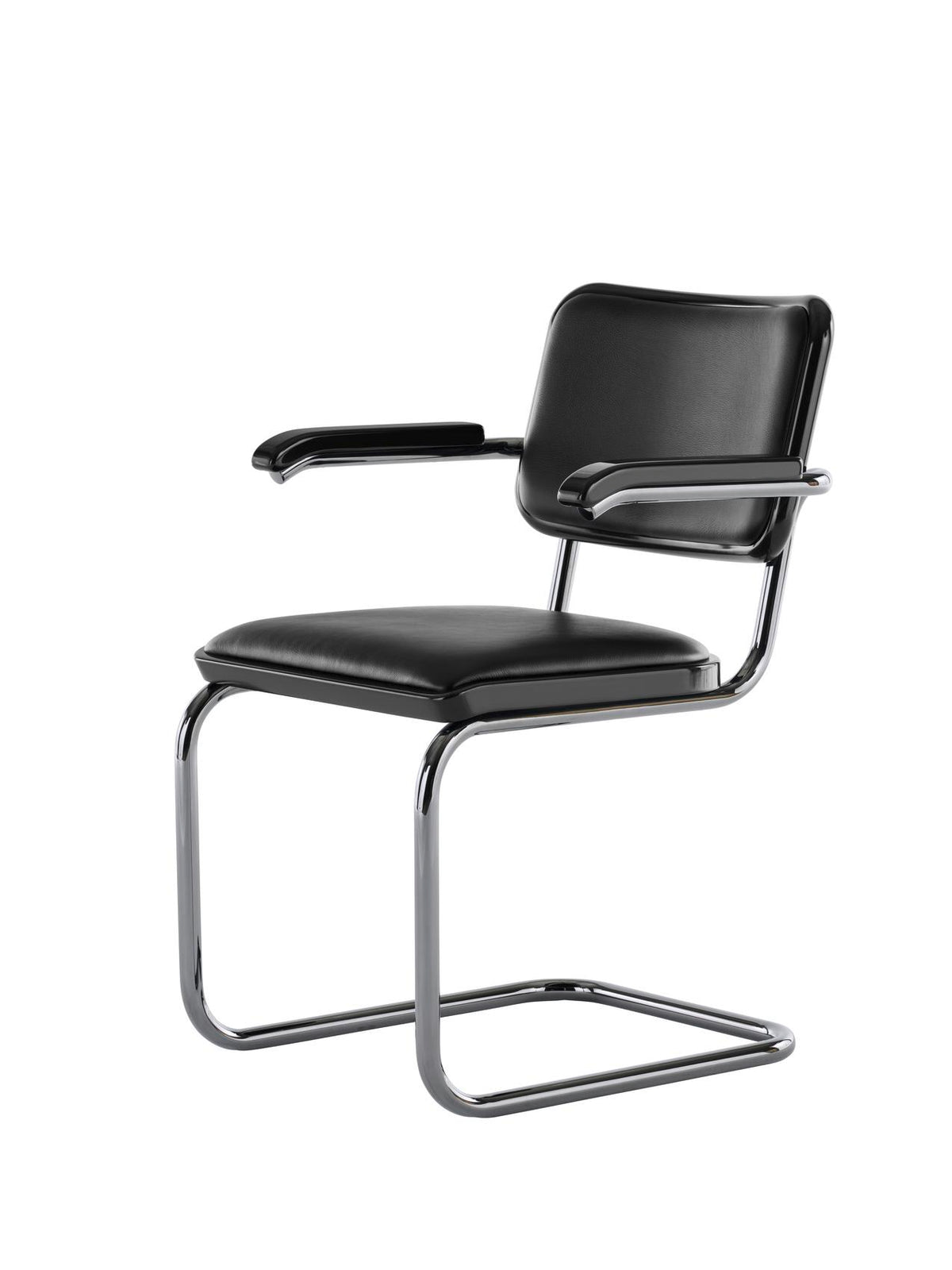 Thonet S 64 armstol – JS . THONET (Jil Sander) – S 64 P SERIOUS 01 – polstret sete og rygg, skinn graphite black, bøk i høyglans, blank titan