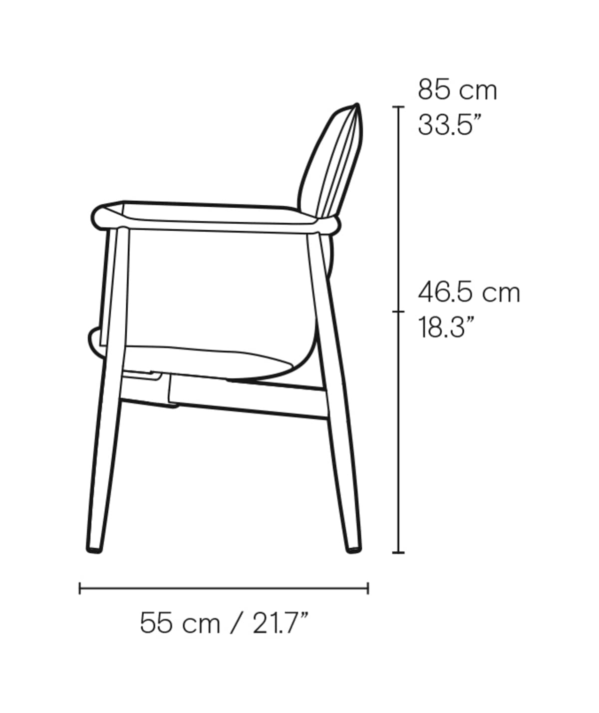 Carl Hansen E005 Embrace Armchair spisestol med armlener – måltegning fra siden