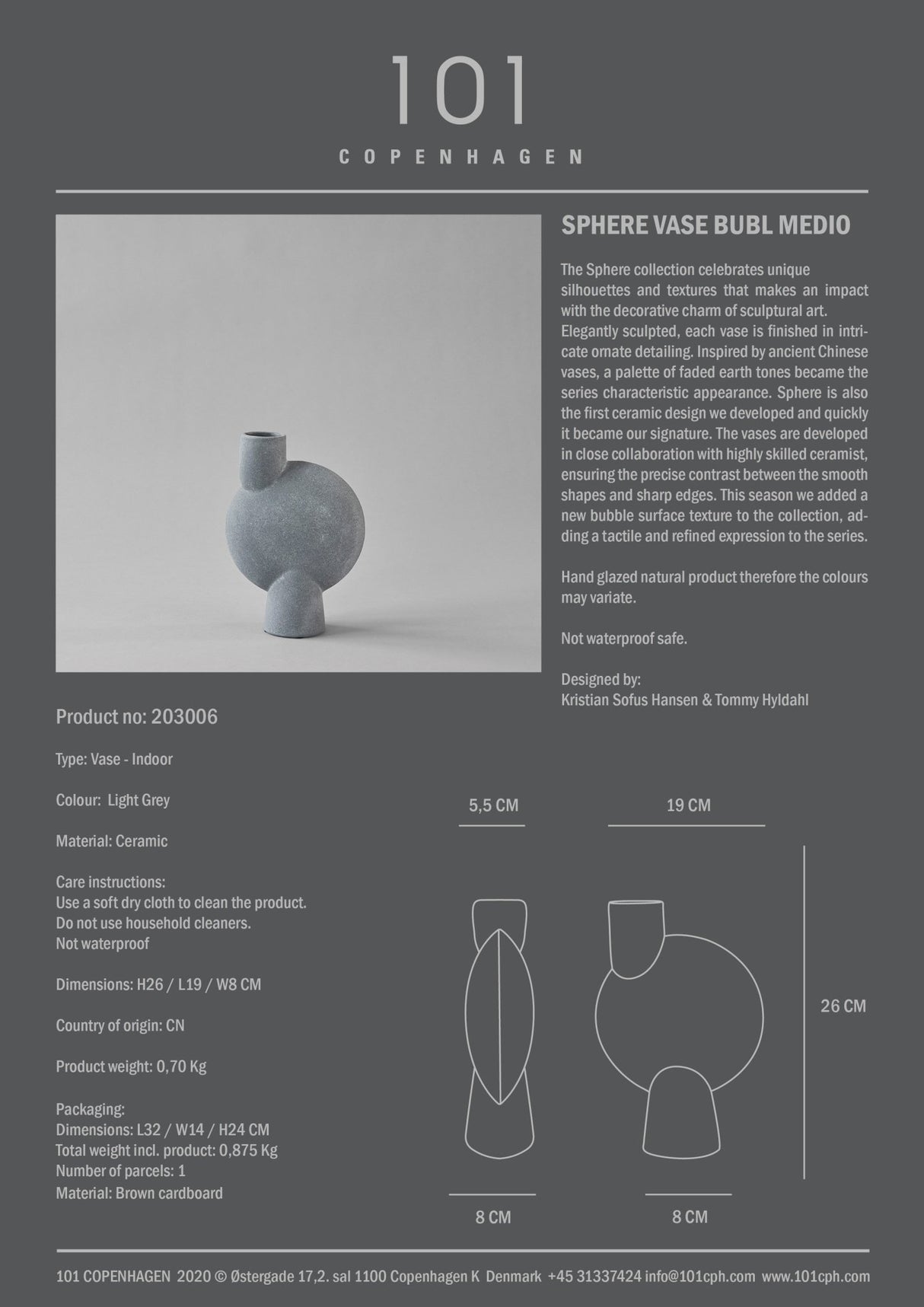 101 Copenhagen Sphere Vase Bubl, Medio i lys grå. 1 igjen!